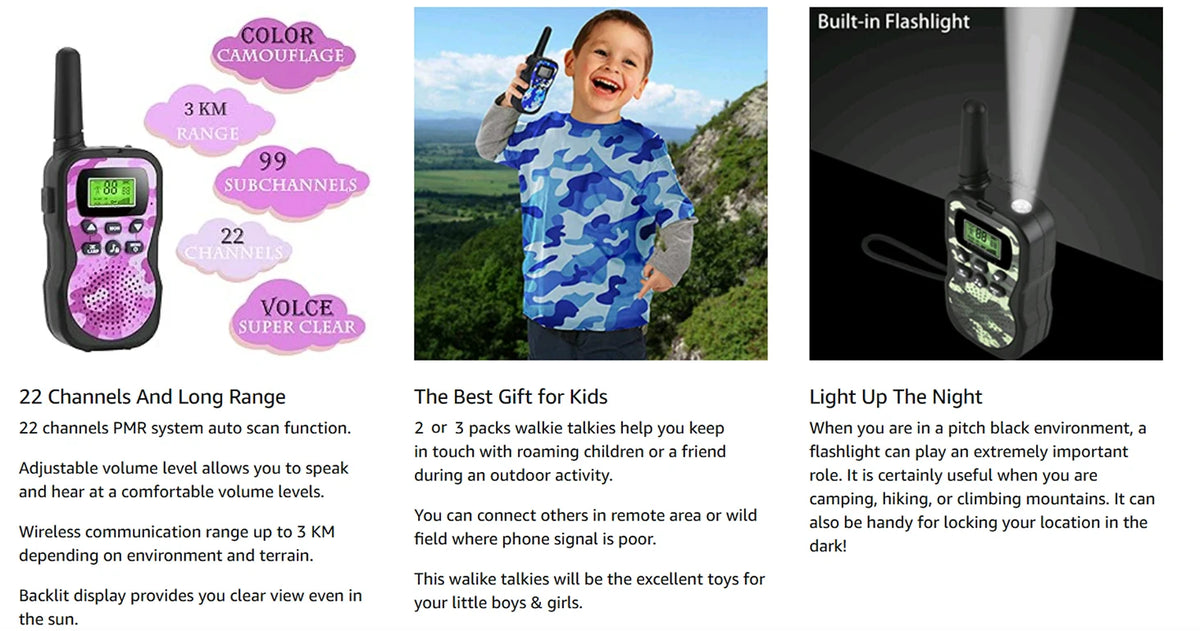 A pair of purple walkie talkies with built-in flashlight shown next to a smiling child outdoors.