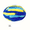 A spherical ball of bright blue and yellow chenille yarn with horizontal stripes.