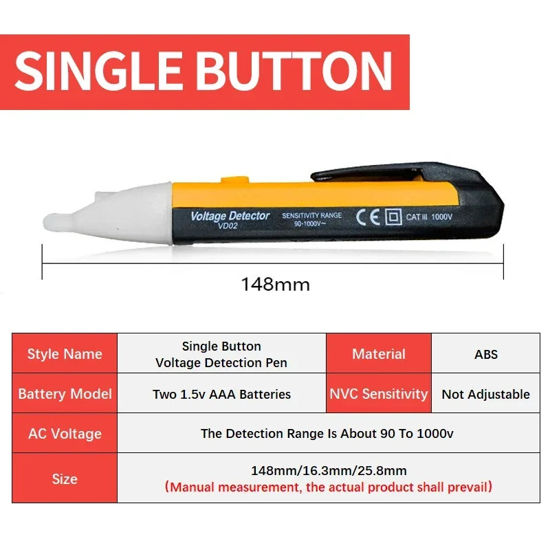 A single button voltage detector pen with an orange and white body and a black tip.