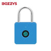 A blue fingerprint pad lock with a silver key ring, featuring an embedded fingerprint sensor.