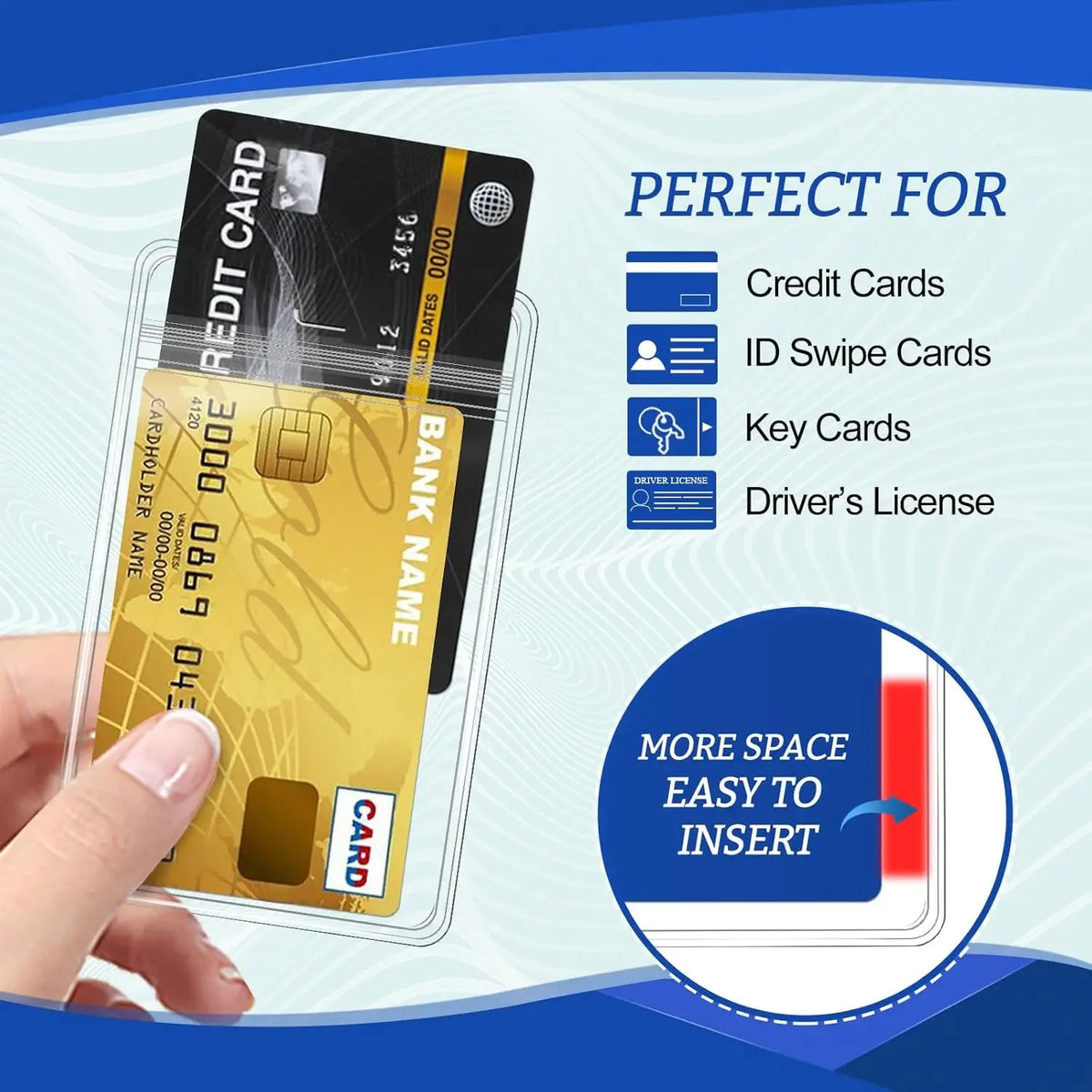 A hand holds a clear waterproof ID card holder containing various cards like credit cards and driver's licenses.