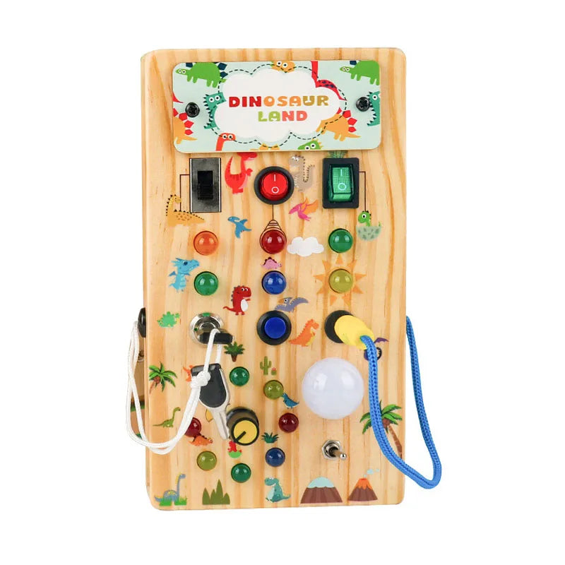 A wooden busy board with various sensory components and LED switch lights for toddlers.