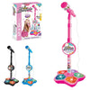 A pink and purple kids microphone stand with a built-in speaker and multiple colored buttons for performance.