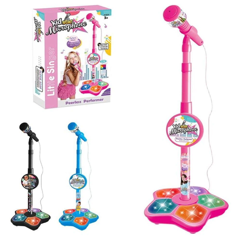 A pink and purple kids microphone stand with a built-in speaker and multiple colored buttons for performance.