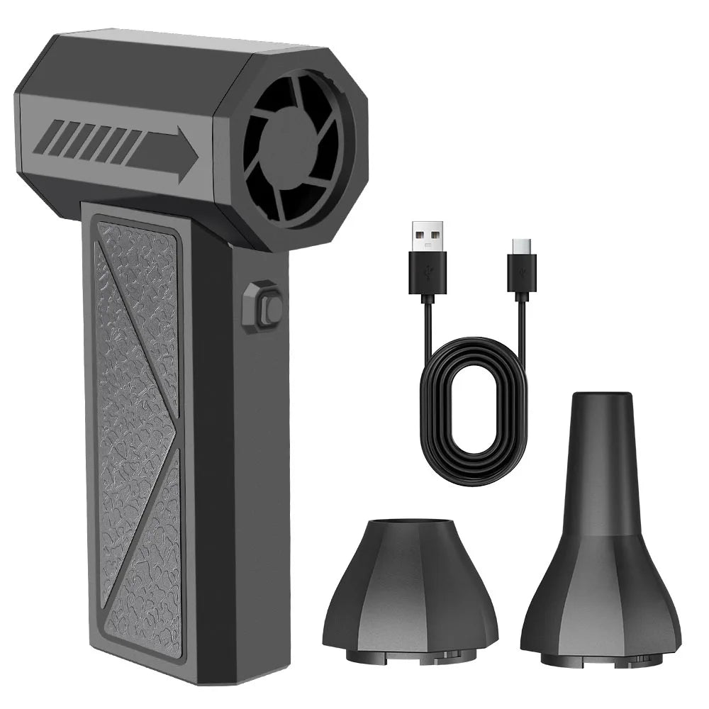 A black cordless turbo air duster with a nozzle and charging cable shown next to the device.
