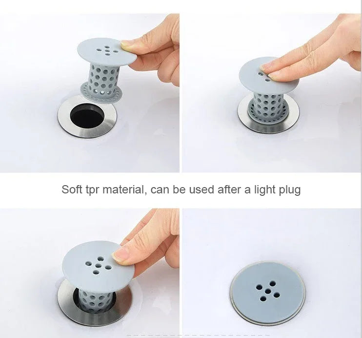A flexible hair catcher drain cover made of soft tpr material shown in various angles.