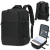 A black durable nylon travel laptop backpack shown from the back and an open view of its interior.