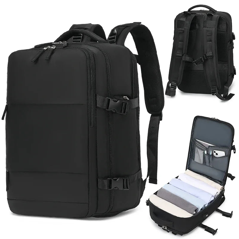 A black durable nylon travel laptop backpack shown from the back and an open view of its interior.