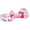 A pink and multi-colored ball pit play tent with a crawl tunnel for kids.