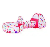 A pink and multi-colored ball pit play tent with a crawl tunnel for kids.