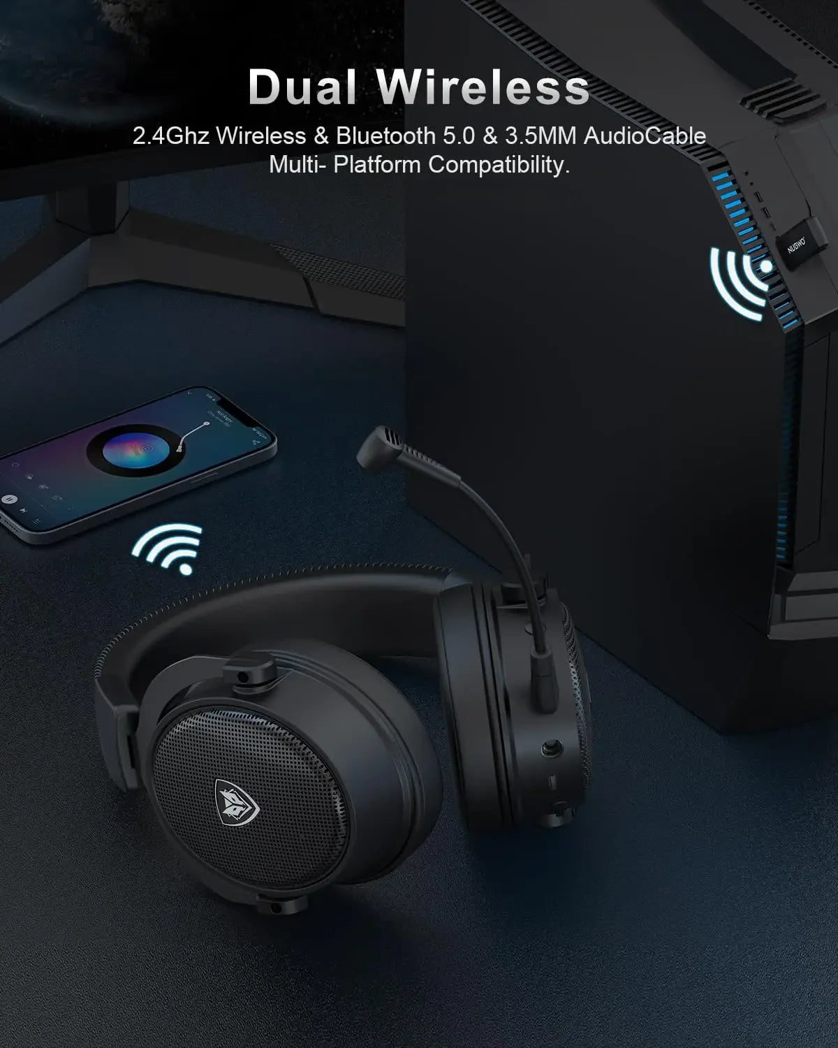 A black wireless gaming headset is shown next to a smartphone, highlighting its dual wireless connectivity features.