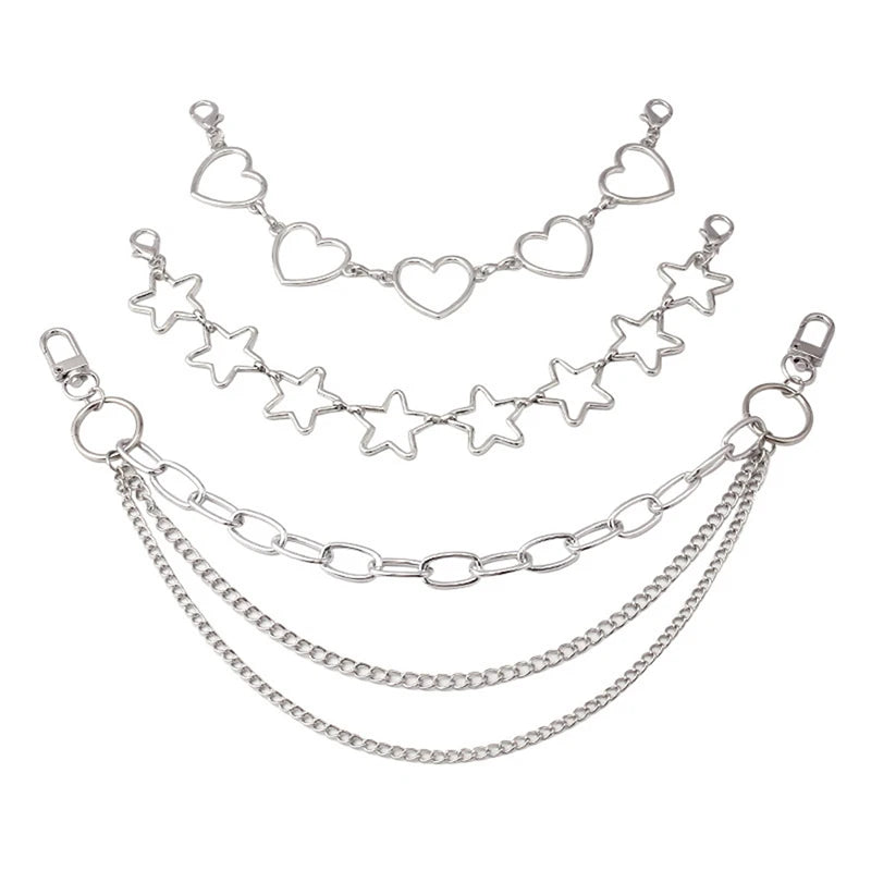 Silver multi-layer chain strap featuring heart and star pendant charms