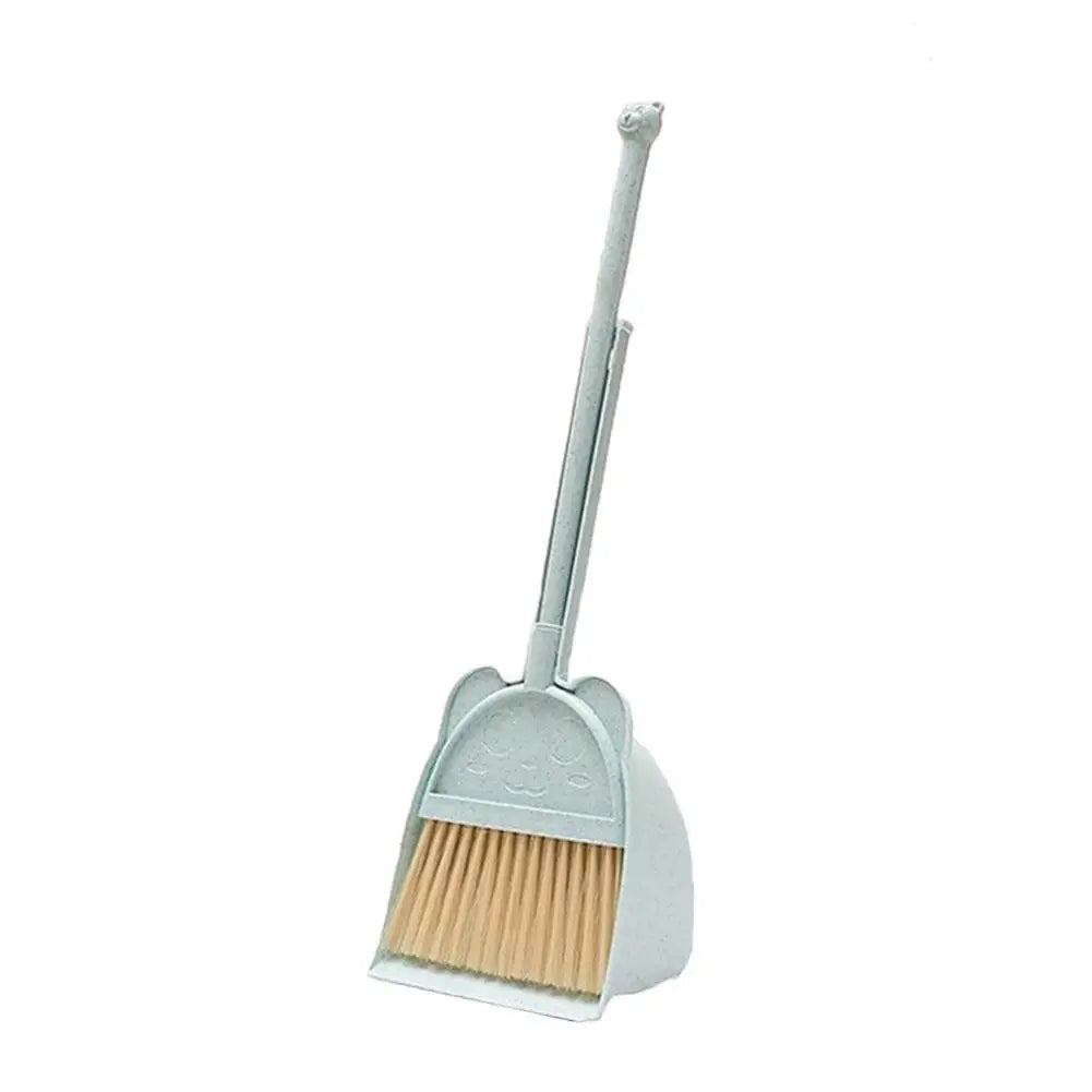 A silver kids broom and dustpan set with an adjustable mop.