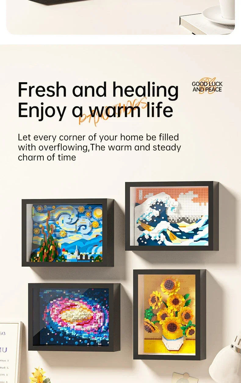 A collection of framed paintings featuring Van Gogh and classic art styles, displayed on a light-colored wall.