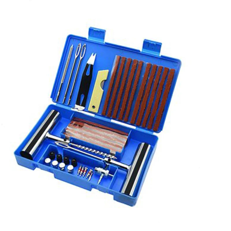 A blue portable tire repair kit box containing various tools like wrenches and levers.