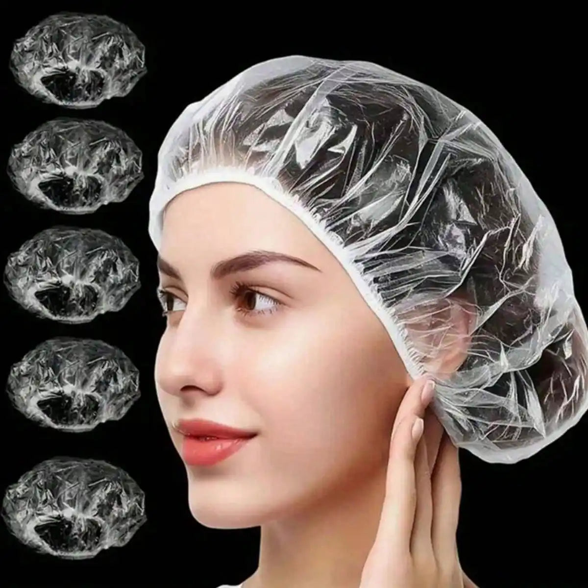 A woman is wearing a disposable transparent shower cap, with several examples shown around her face.