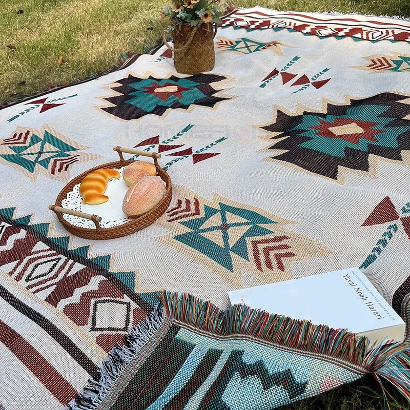 Oversized Aztec Boho Throw Blanket with Fringe