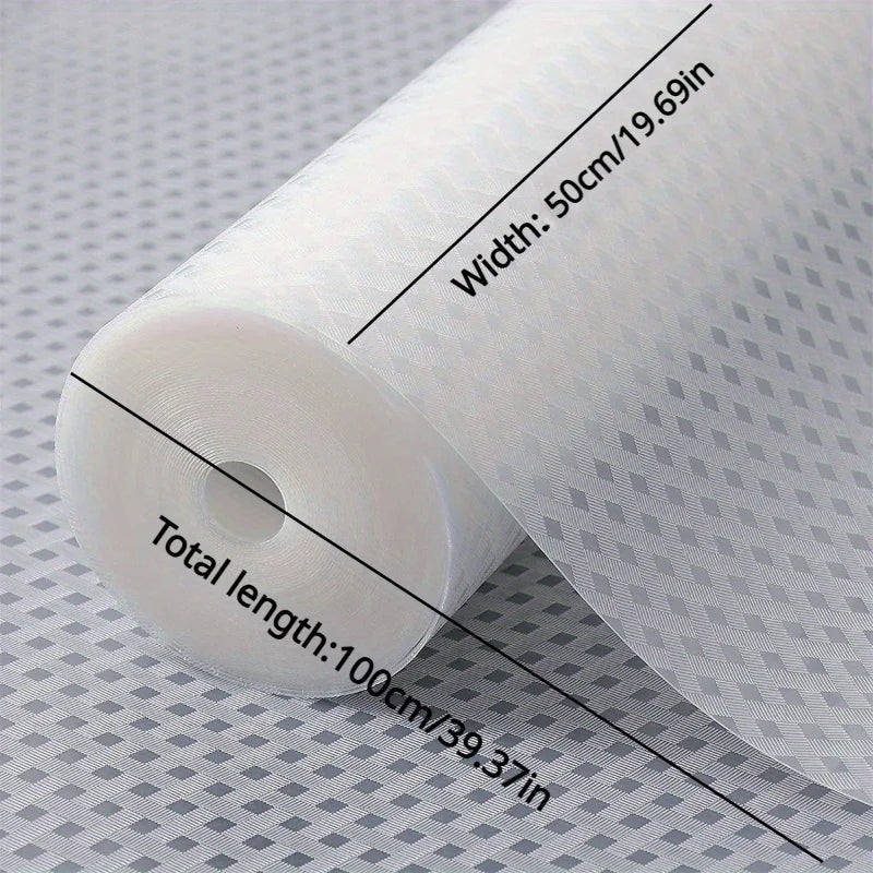 Roll of white waterproof oil-proof shelf liner measuring 50cm wide and 100cm long