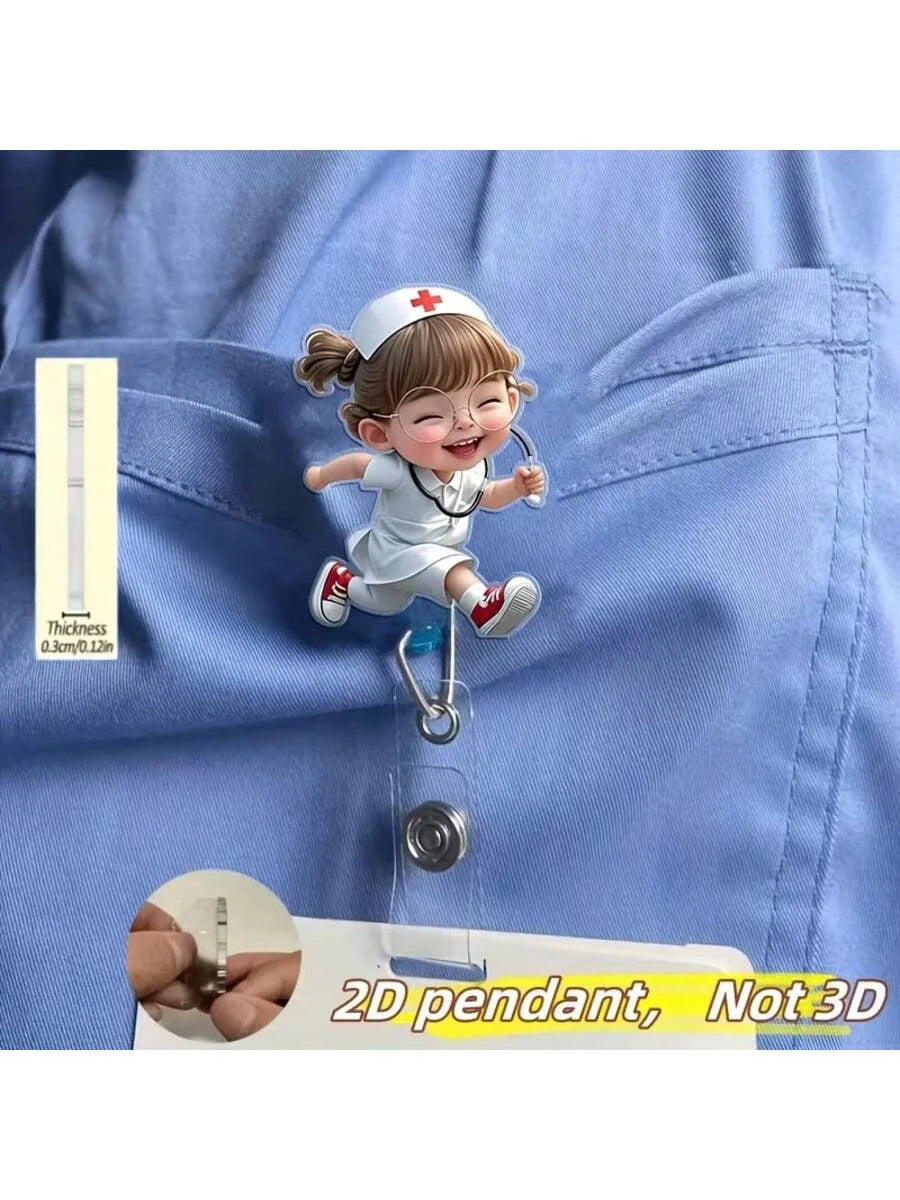 A small doll dressed as a nurse is shown holding a medical instrument, displayed on a blue fabric background.