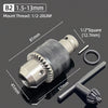 A drill chuck kit showing a hexagonal adapter, a square shank, and a shaft with a hexagonal head.