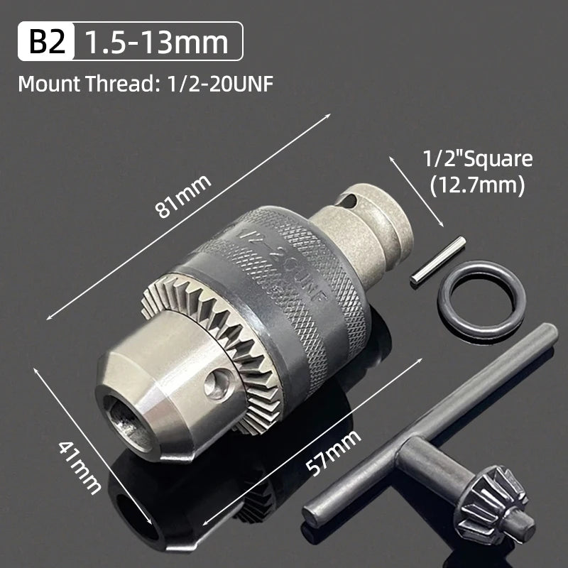 A drill chuck kit showing a hexagonal adapter, a square shank, and a shaft with a hexagonal head.