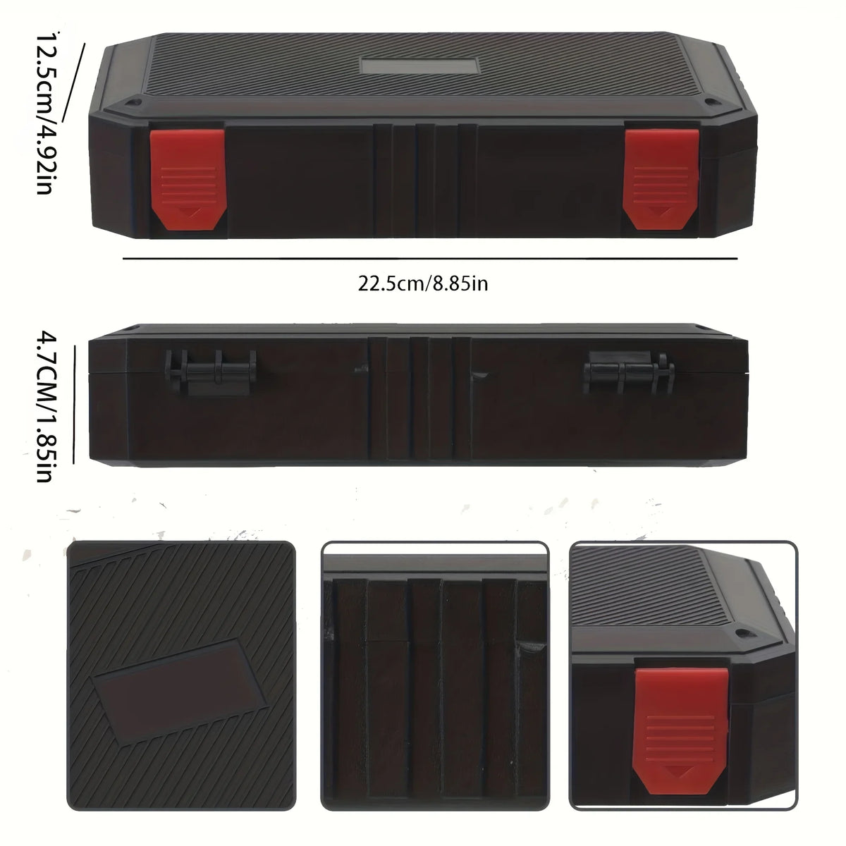 A heavy-duty ammo storage case in black with red accents, shown from multiple angles.