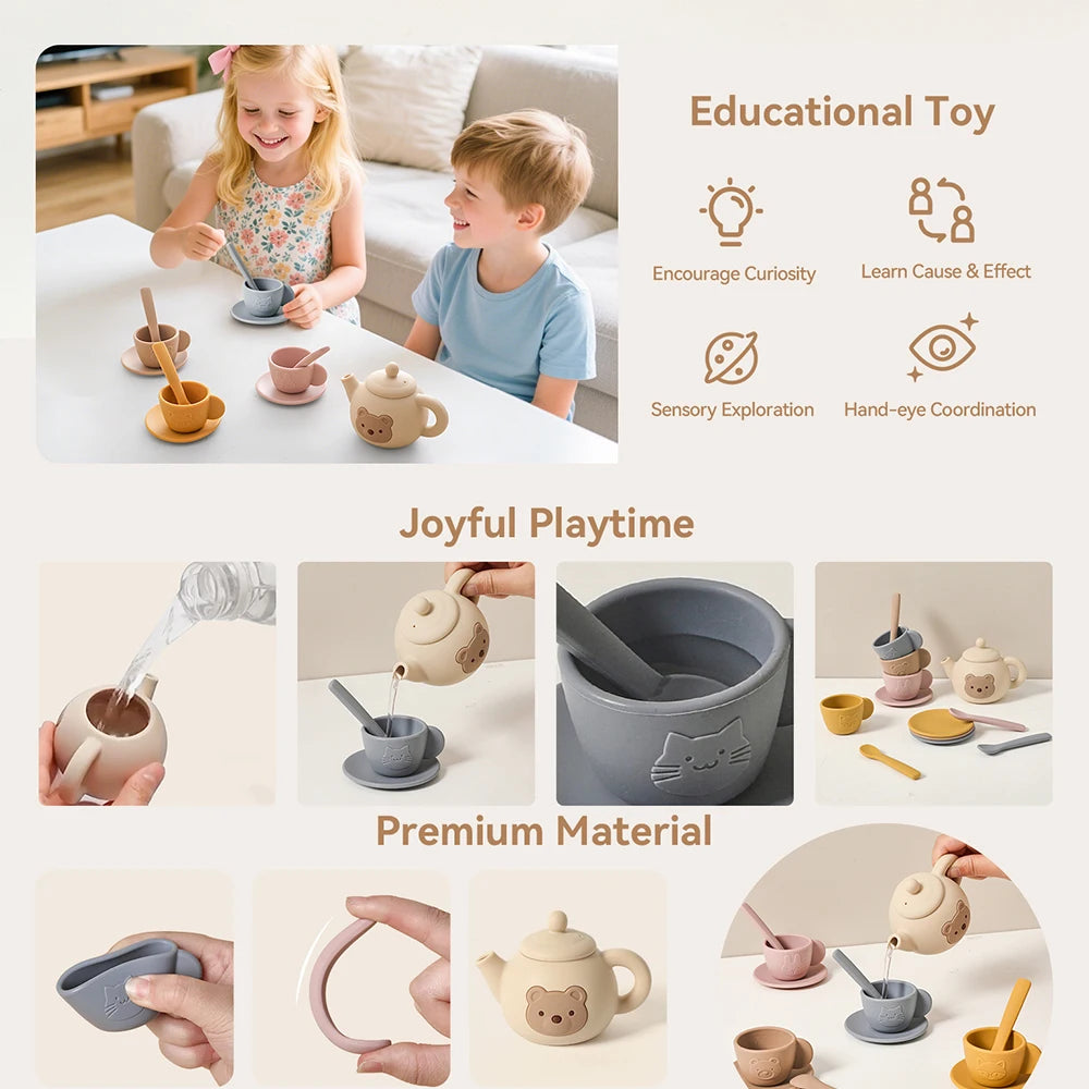 A set of bear silicone pretend play teapots and cups for toddlers, demonstrating educational and sensory play.