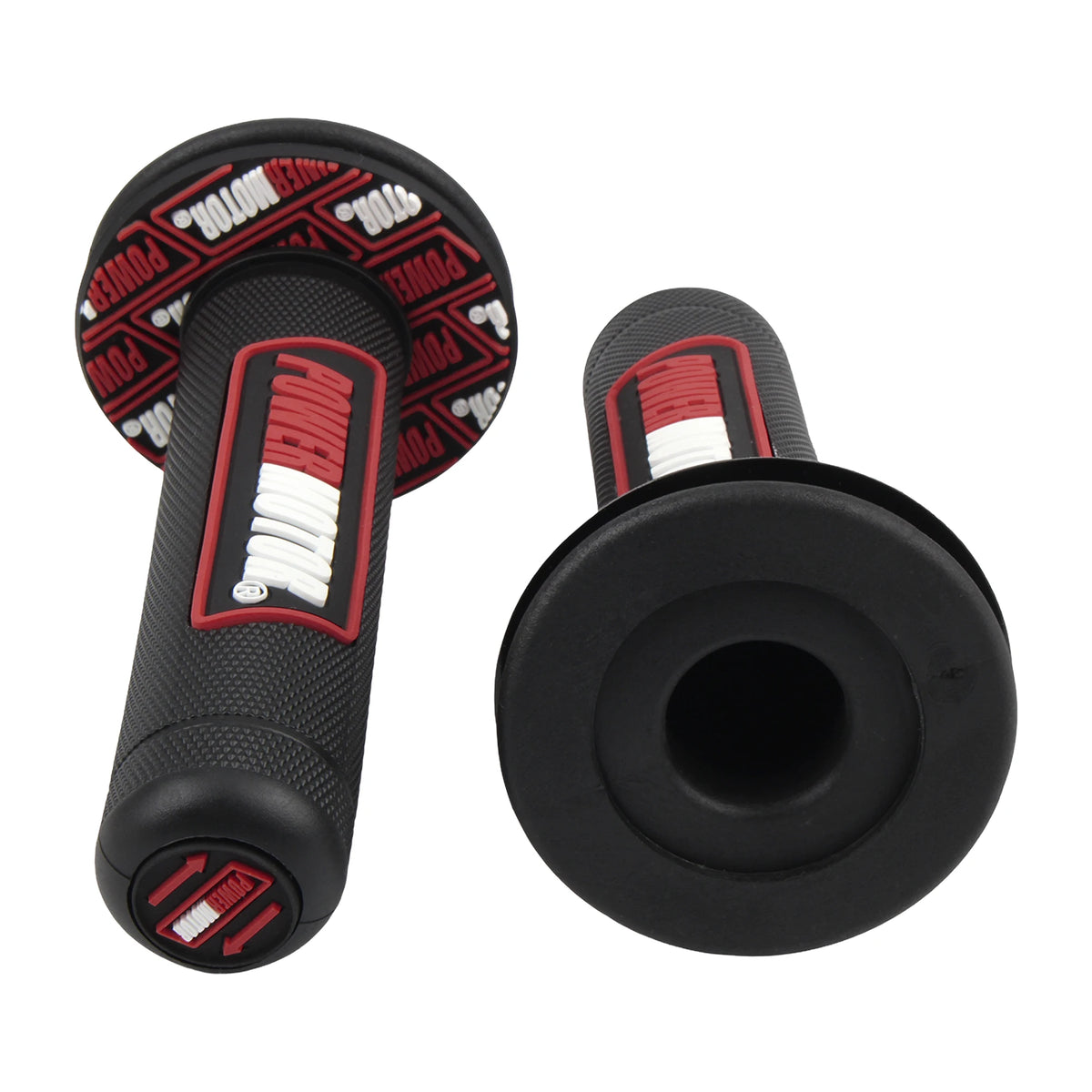 A pair of black motorcycle handlebar grips with red and white accents for vibration dampening.