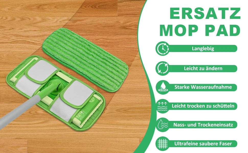 A green reusable mop pad set with a cleaning tool is shown on a wooden surface, highlighting features like durability and wat