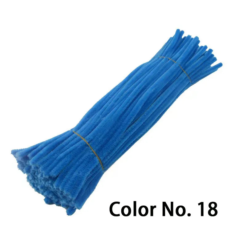 Blue chenille craft stems or pipe cleaners in a bundle, labeled Color No. 18.