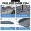 A silicone faucet mat with a 5 degree slope, raised edge, and cuttable opening for smart drainage.