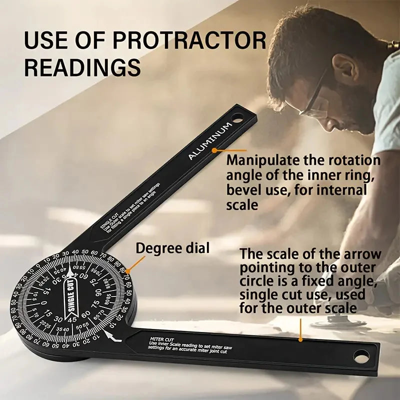 An aluminum protractor for a miter saw showing degree dial and scales used to manipulate the rotation angle.