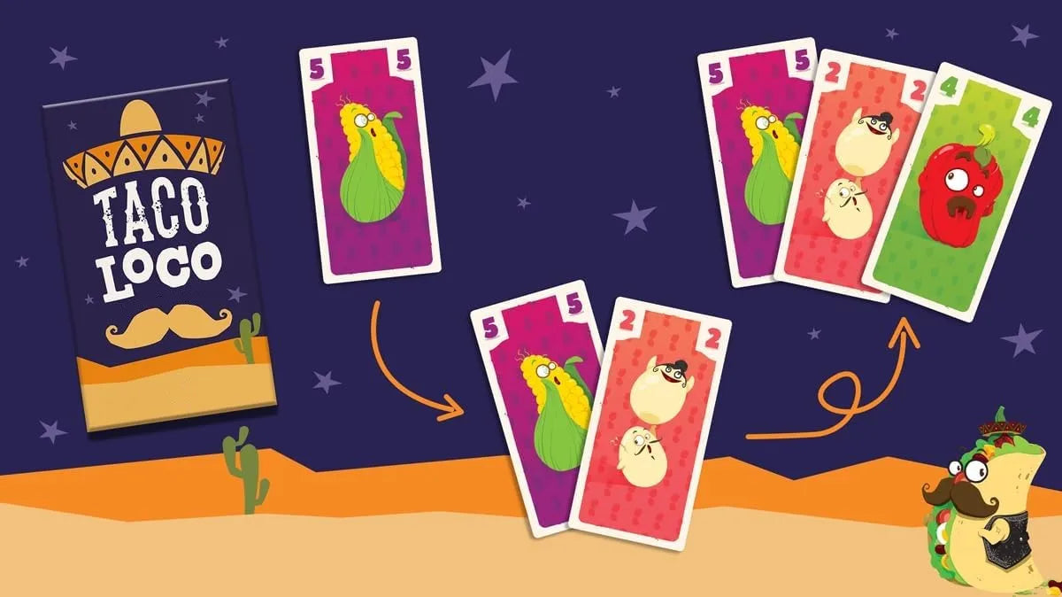 A set of colorful cards for the Taco Loco card game featuring illustrations of tacos and related elements.