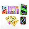 A collection of colorful Omega cards featuring numbers and symbols, including a stack of cards and a deck box.