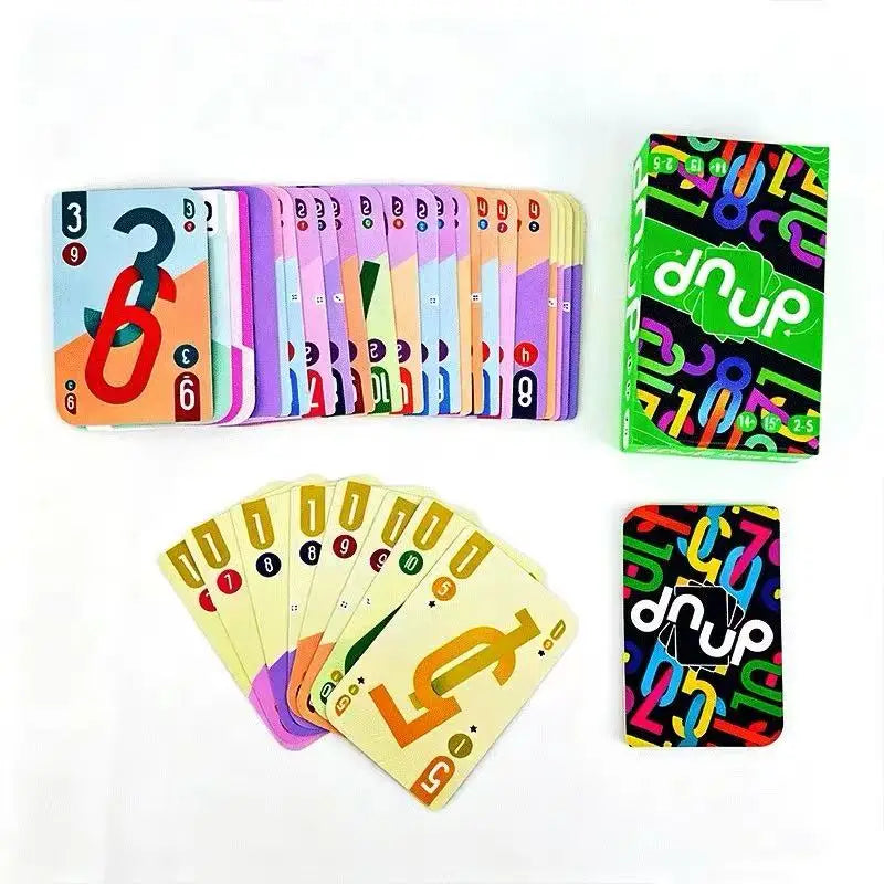 A collection of colorful Omega cards featuring numbers and symbols, including a stack of cards and a deck box.