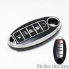 A black and silver 5-button soft TPU car key fob cover for a Nissan vehicle.