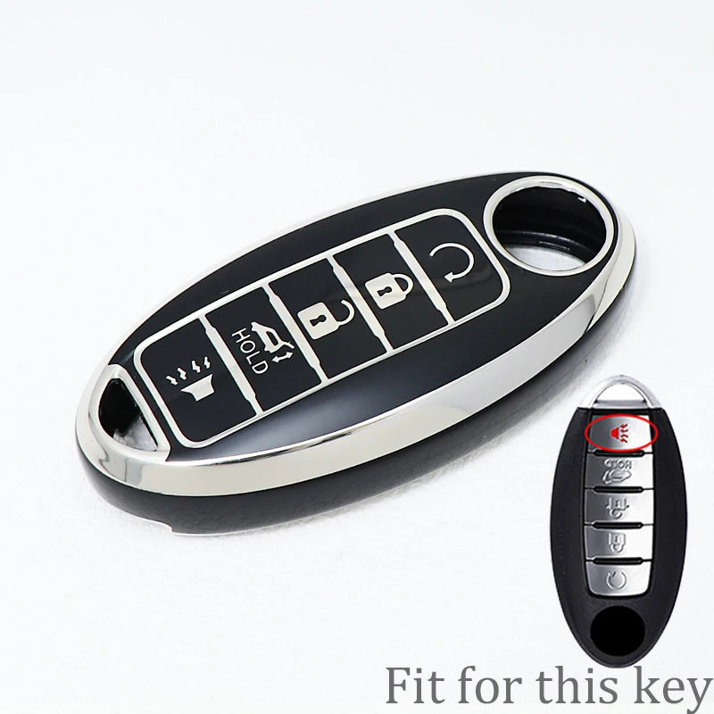 A black and silver 5-button soft TPU car key fob cover for a Nissan vehicle.