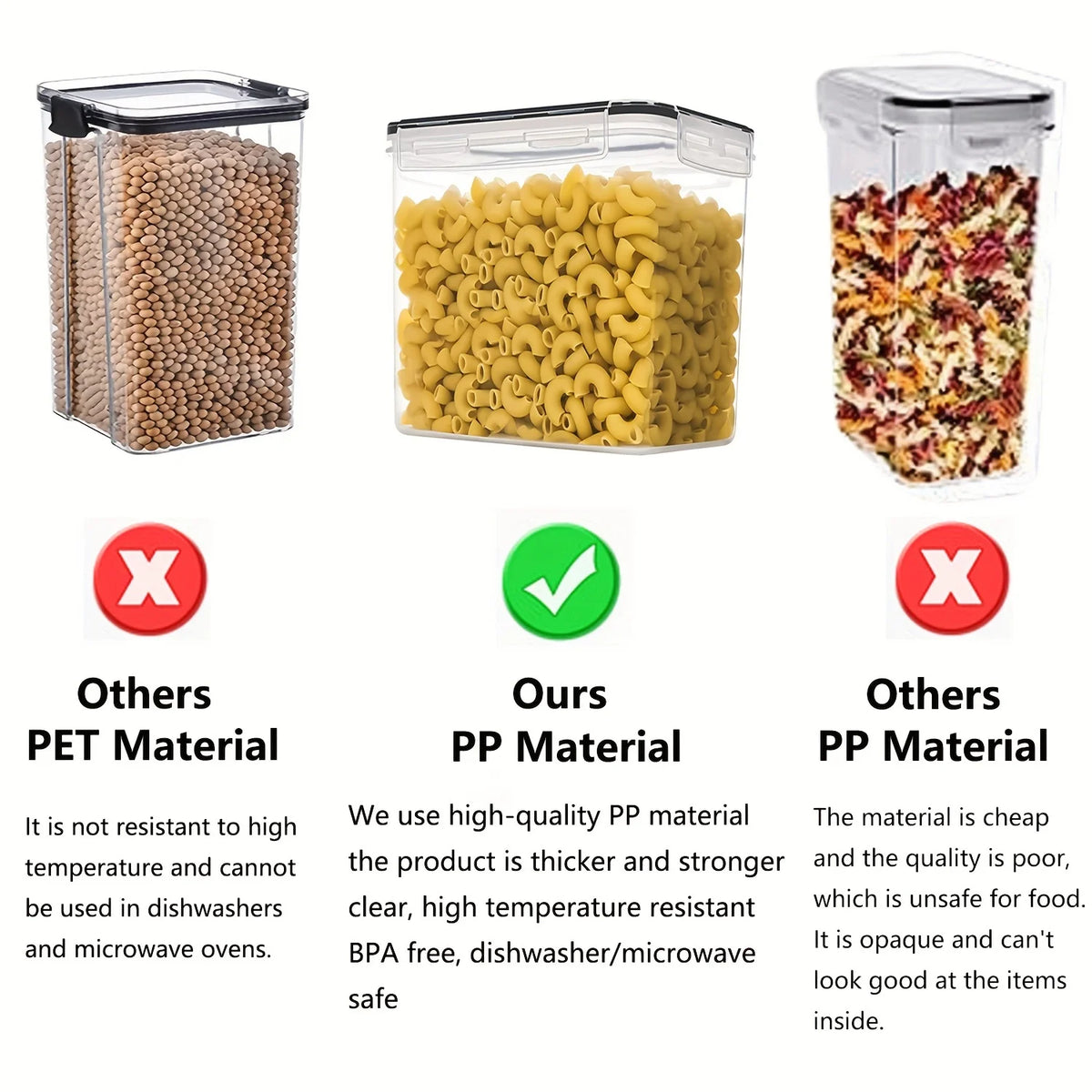 Tres recipientes plásticos herméticos transparentes llenos de granos de cereal e ingredientes mezclados