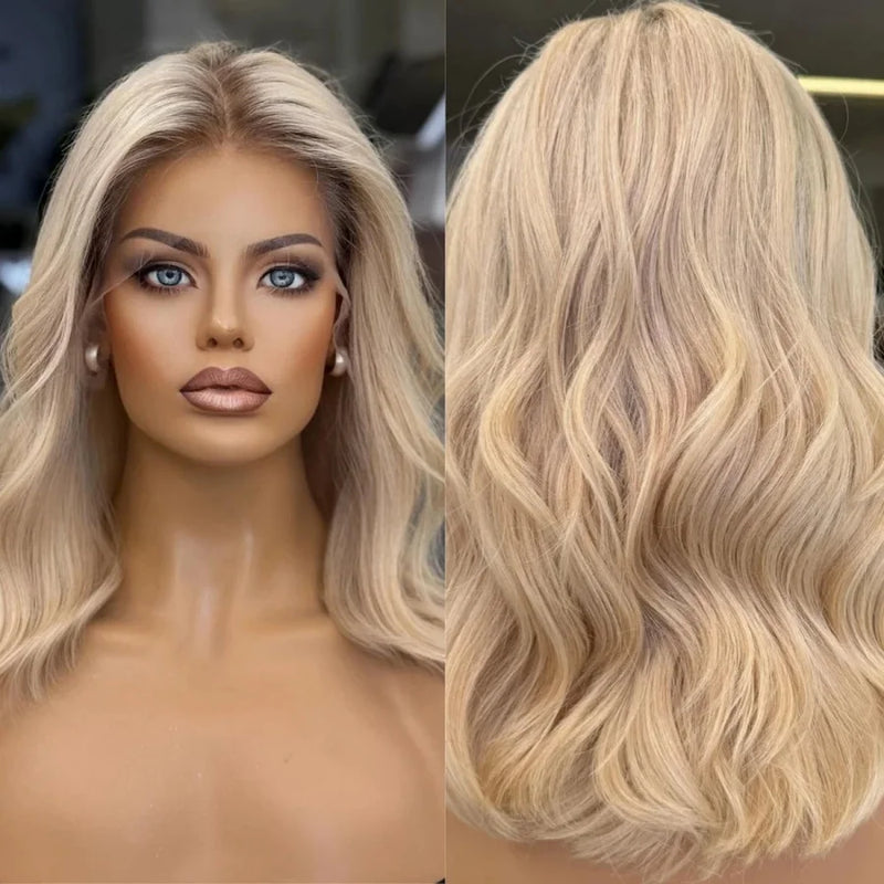Perruque Bob à Frange en Dentelle Blonde Dorée avec Racines Brunes