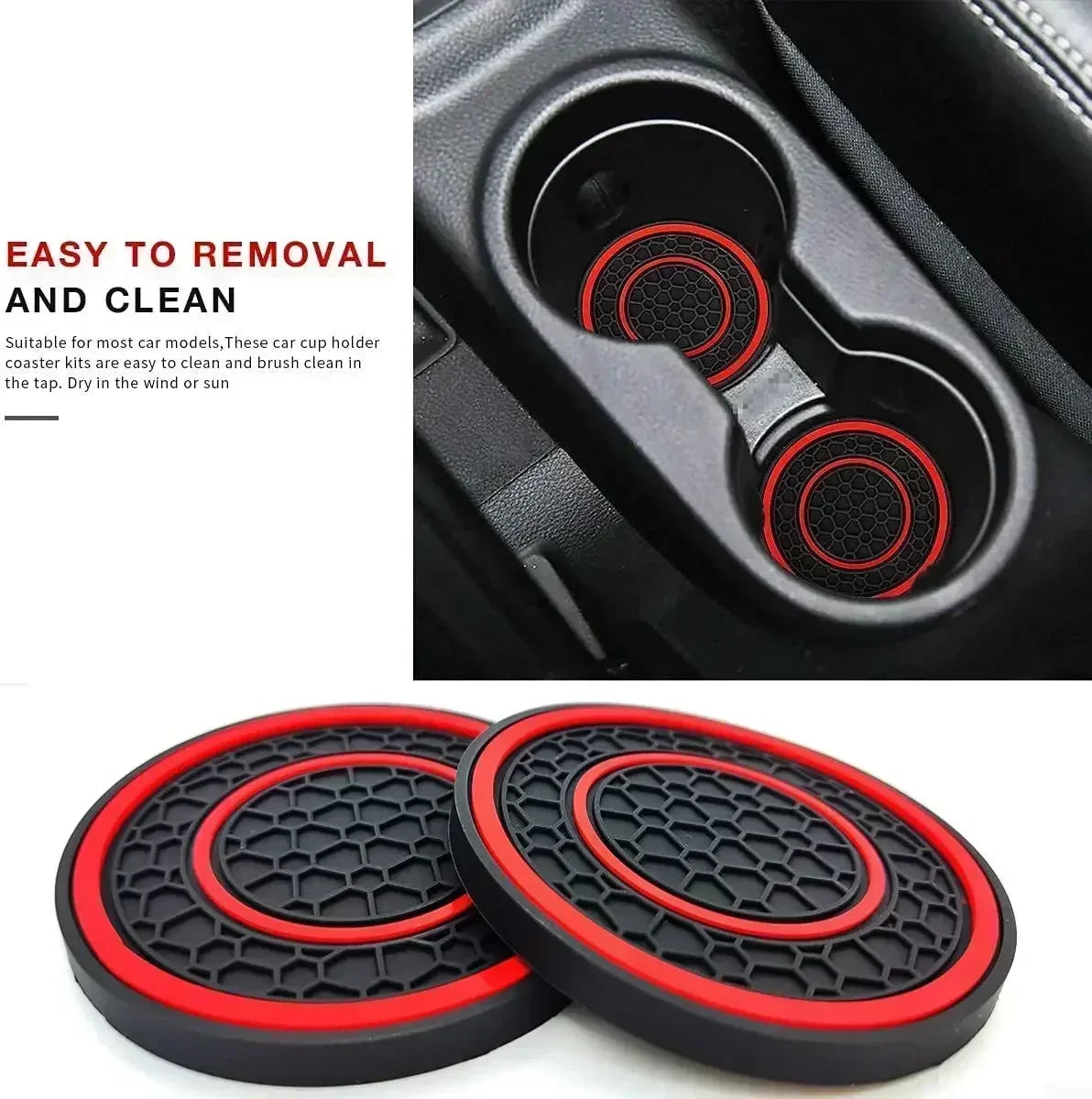 A set of two black and red non-slip silicone car cup holder coasters shown in use and separately.