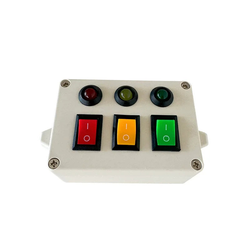 A white plastic board with six colored buttons for a Montessori busy board kit.