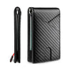 Black slim wallet with a carbon fiber texture and RFID blocking features.
