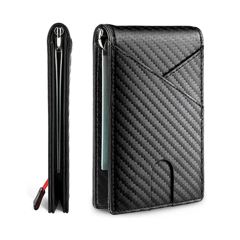 Black slim wallet with a carbon fiber texture and RFID blocking features.
