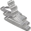 A set of ten heavy-duty stainless steel wire clothes hangers arranged diagonally.