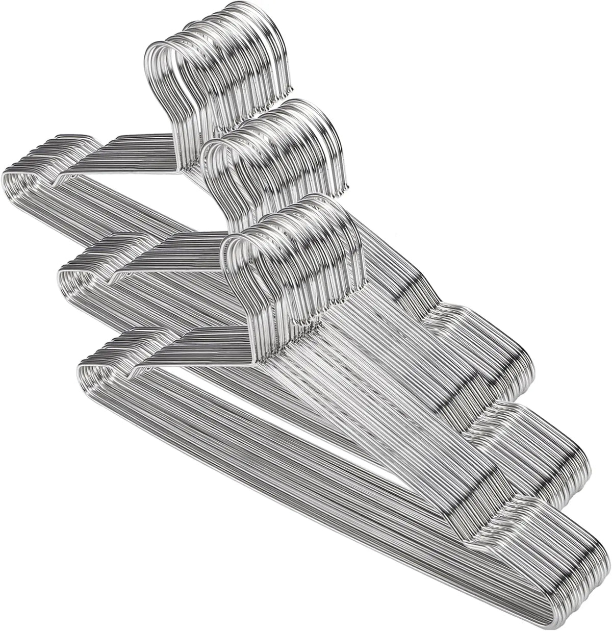 A set of ten heavy-duty stainless steel wire clothes hangers arranged diagonally.