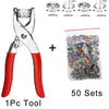 A pair of silver pliers and a bag containing metal snap buttons for DIY sewing projects.