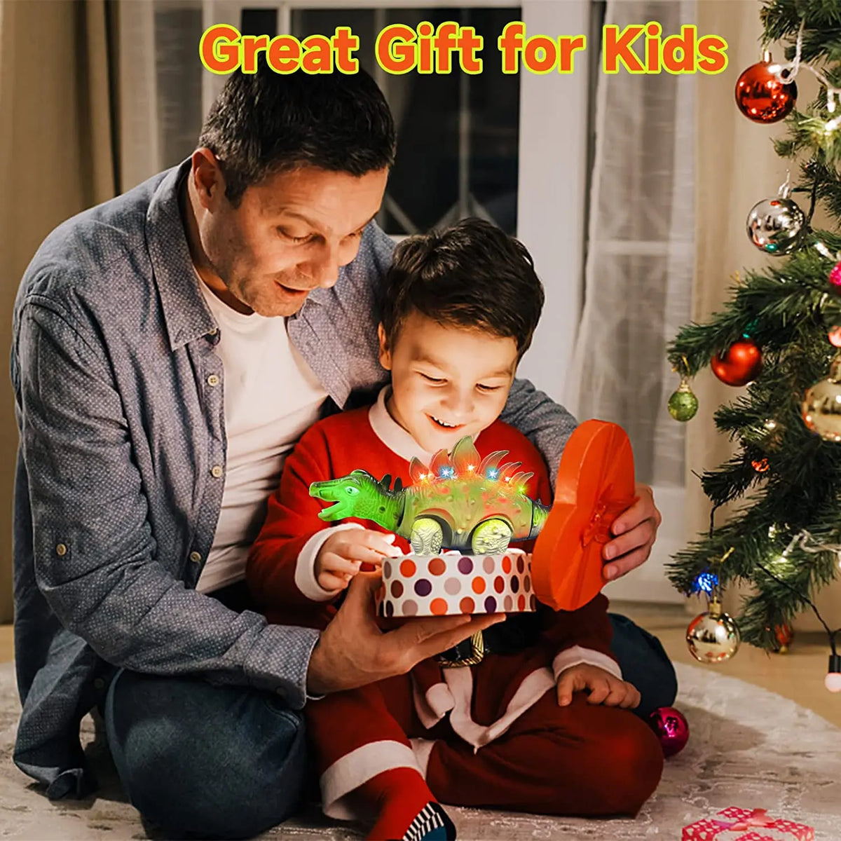 A father is giving a child an orange interactive walking T-Rex dinosaur toy with lights and sounds.