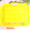 A bright yellow magnetic drawing board for kids with a handle and an attached pencil.
