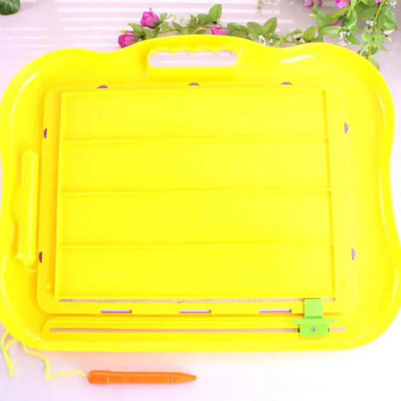 A bright yellow magnetic drawing board for kids with a handle and an attached pencil.