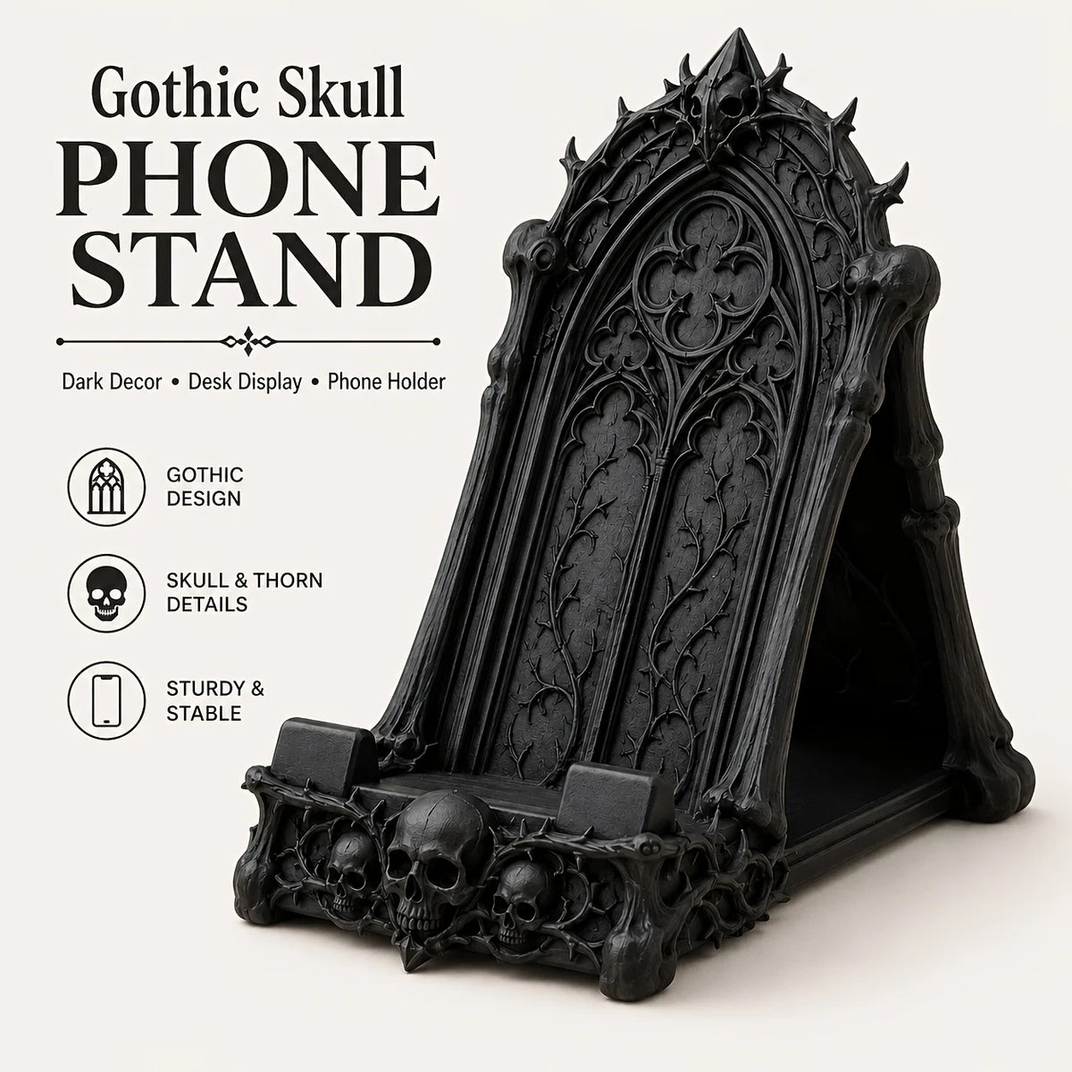 A black gothic skull phone stand featuring intricate thorn details.